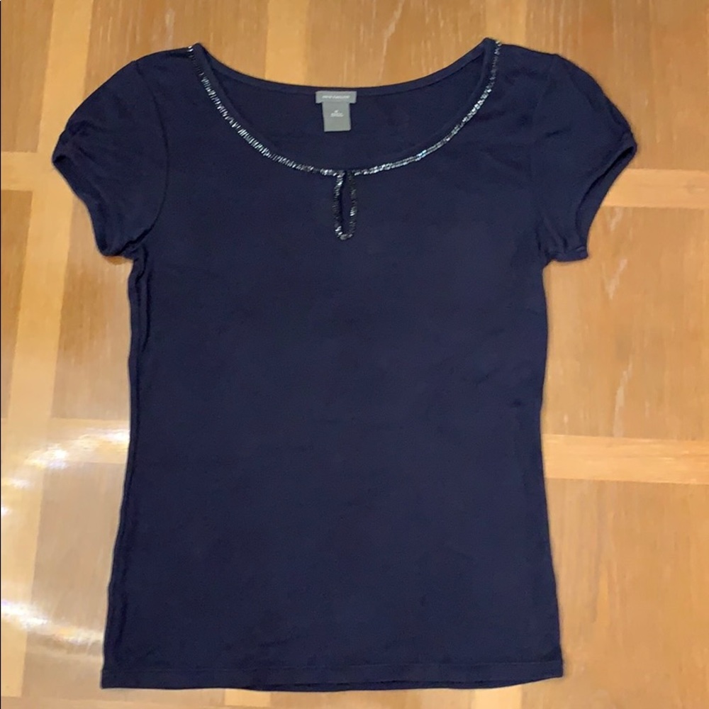 Ann Taylor navy blue beaded neckline top